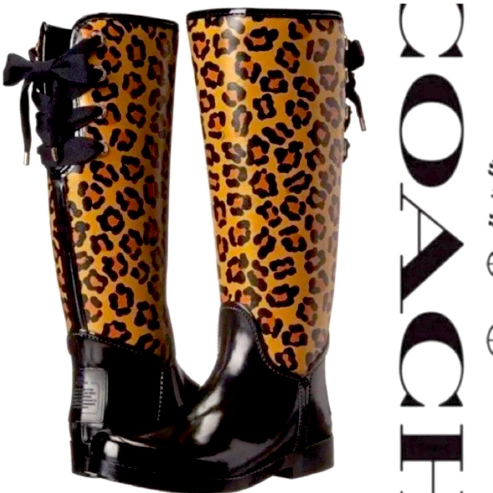 Coach Leopard Cheetah Print Lace-Up Rain Boots Size US 38 / 7.5 BRAND NEW